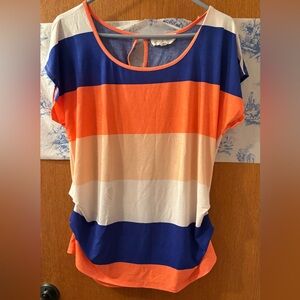 Sweet Wanderer Blue and Orange Stripes Ruched Short Sleeve Top Juniors XL Buckle